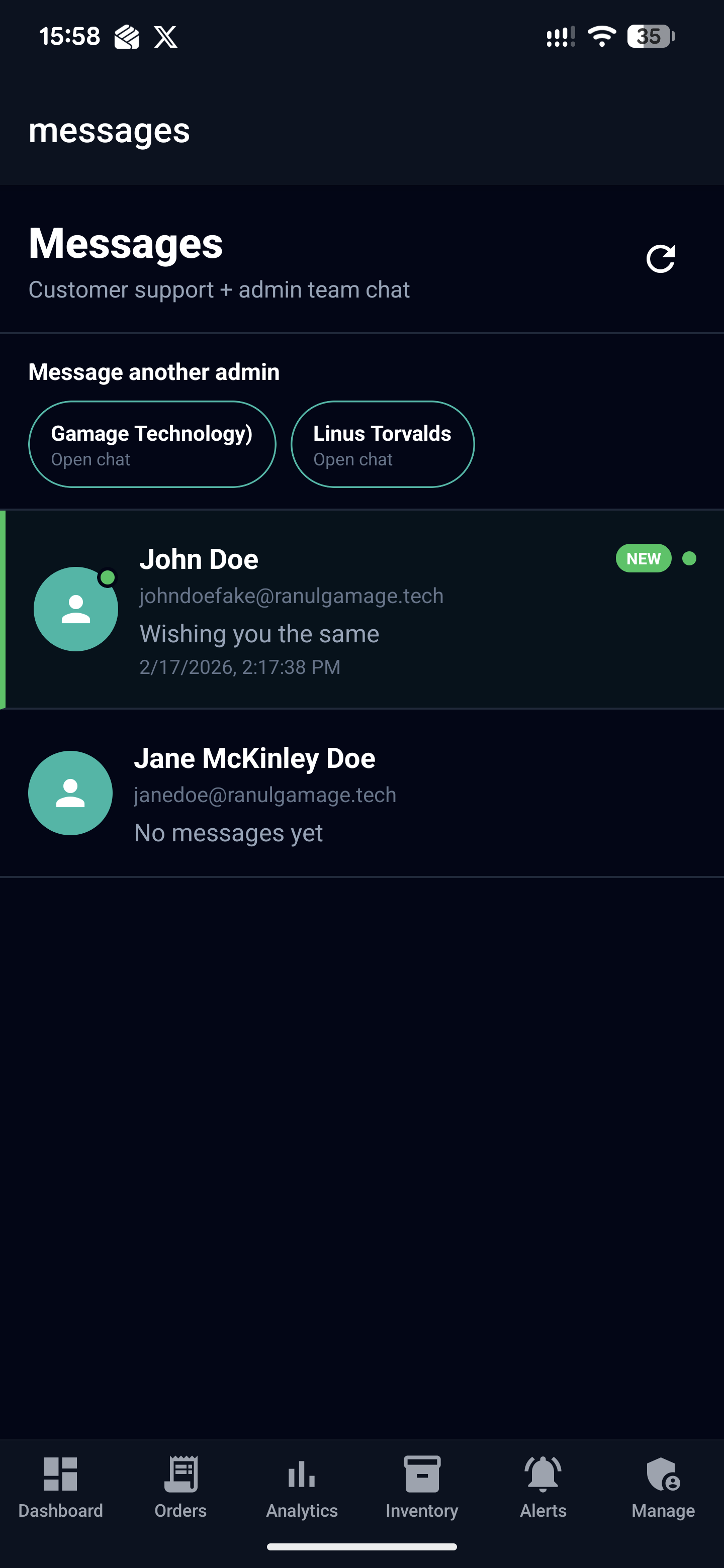 Admin messaging dashboard for managing customer communications and support inquiries