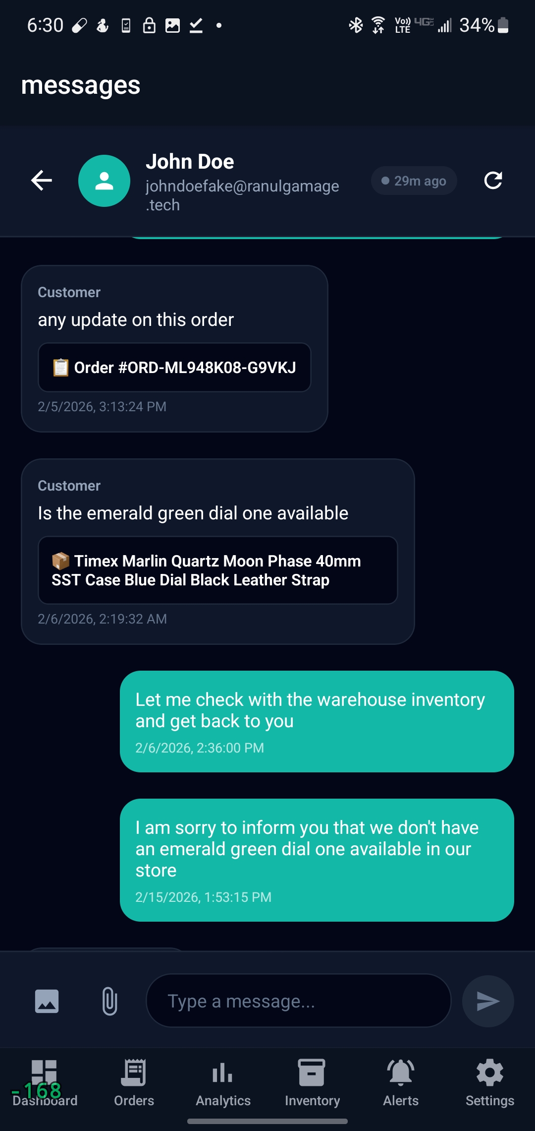 Detailed message conversation view for reading and responding to customer messages