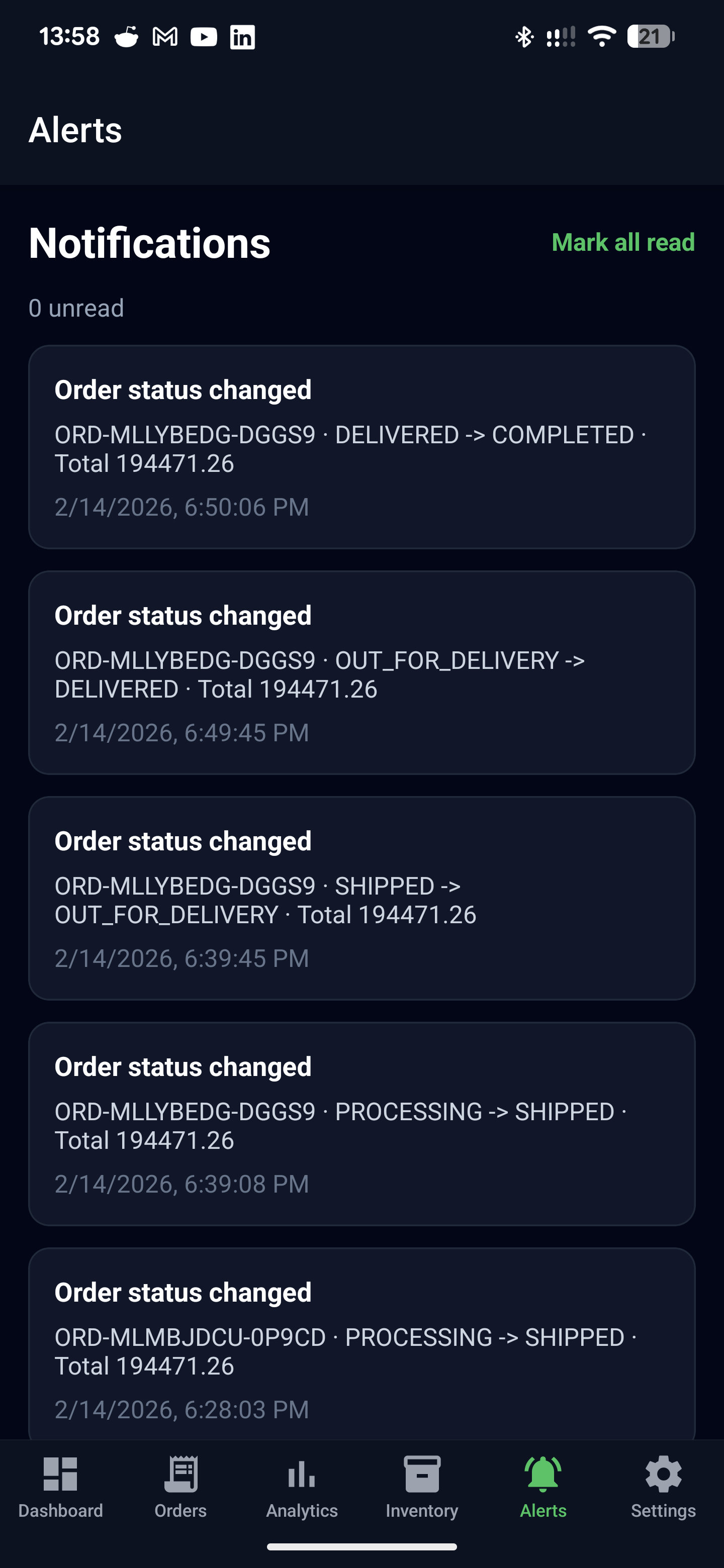 Push notification center displaying real-time alerts for orders, inventory updates, payments, and system notifications with refresh and clear options