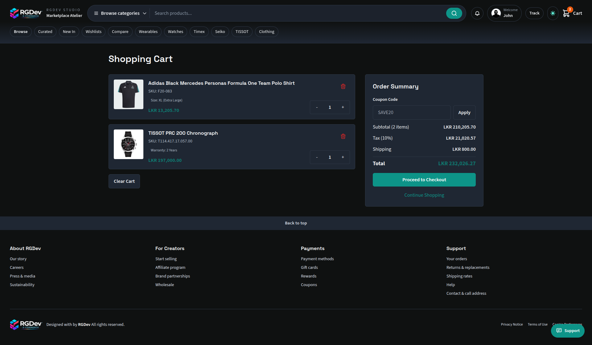 Shopping cart with product list, quantity controls, and order totals