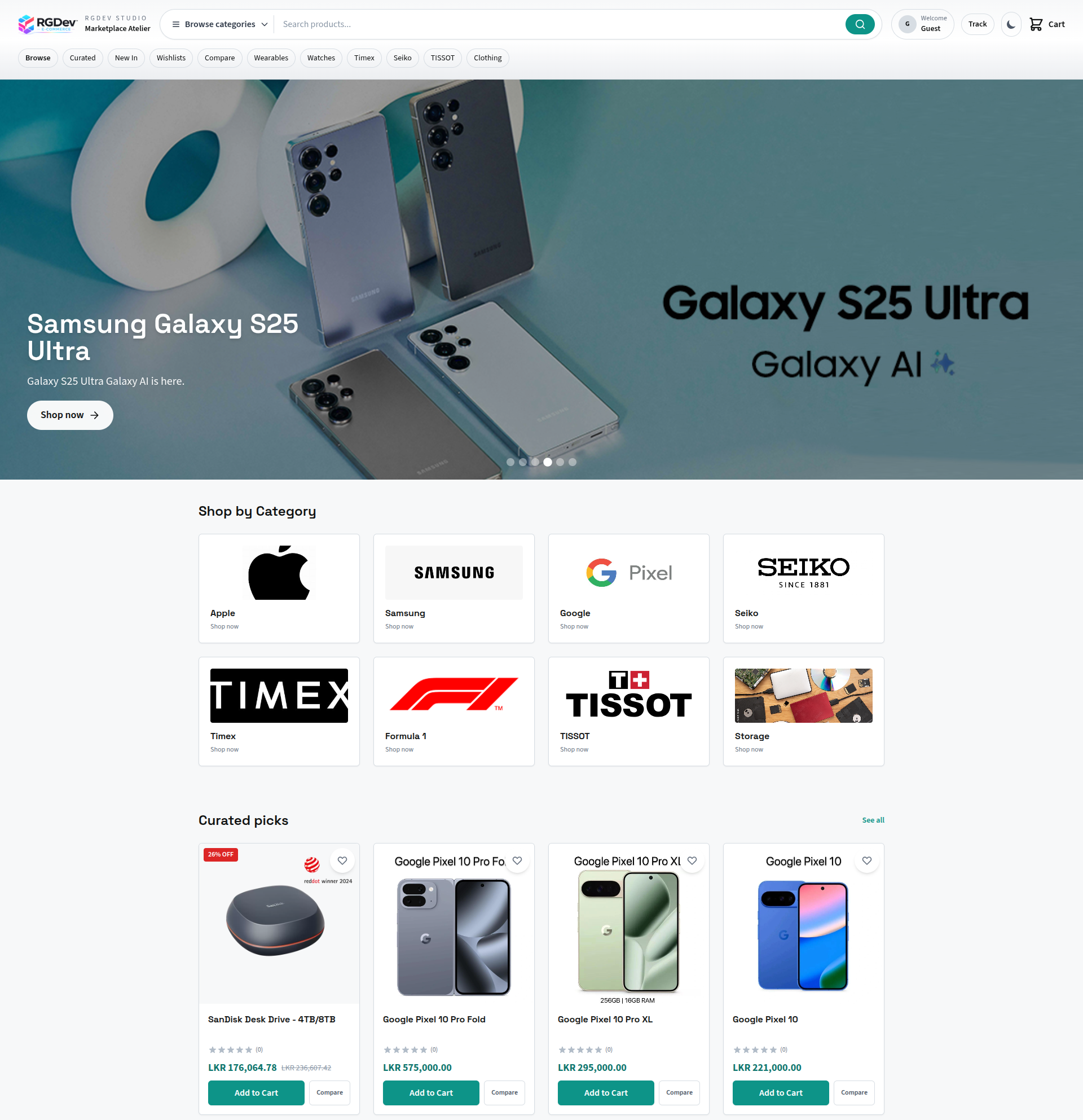 E-commerce homepage with product categories, hero banner, and navigation