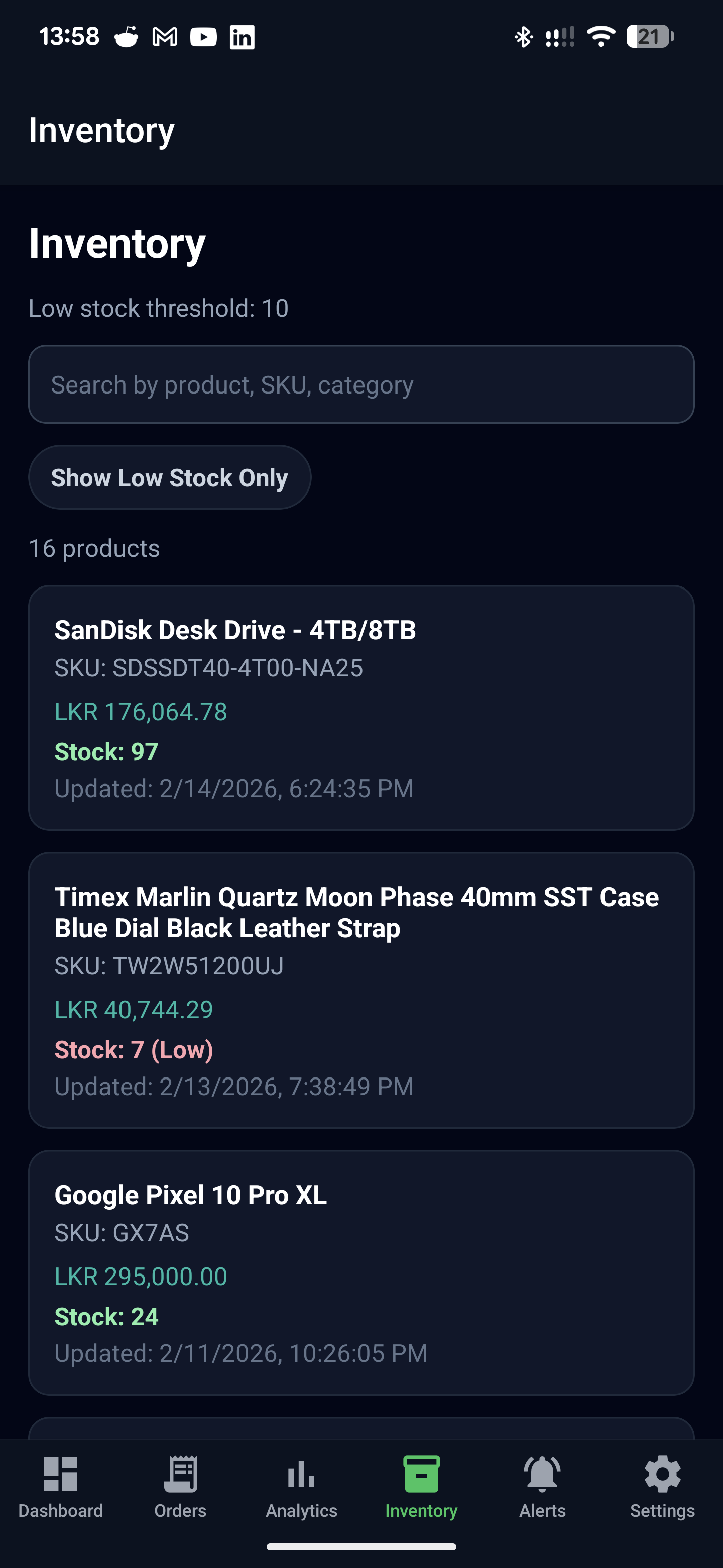 Inventory management interface with product listings, stock level monitoring, and quick access to manage product availability