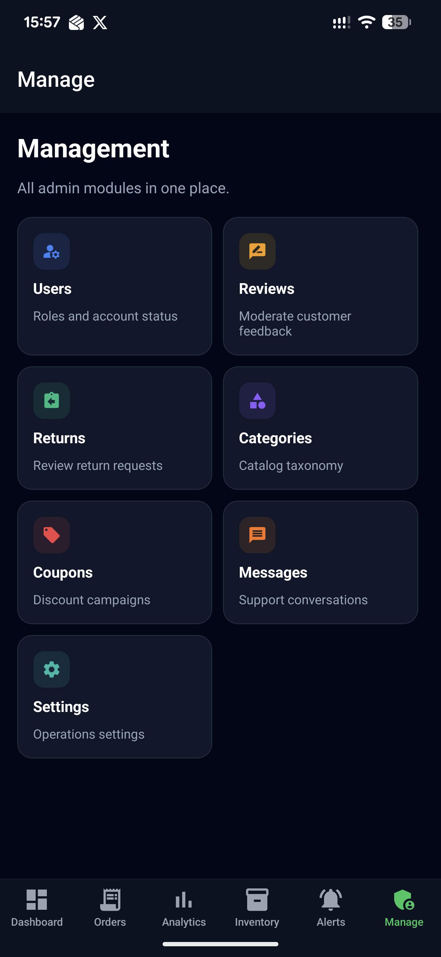 Advanced management dashboard with navigation to orders, analytics, inventory, alerts, and settings