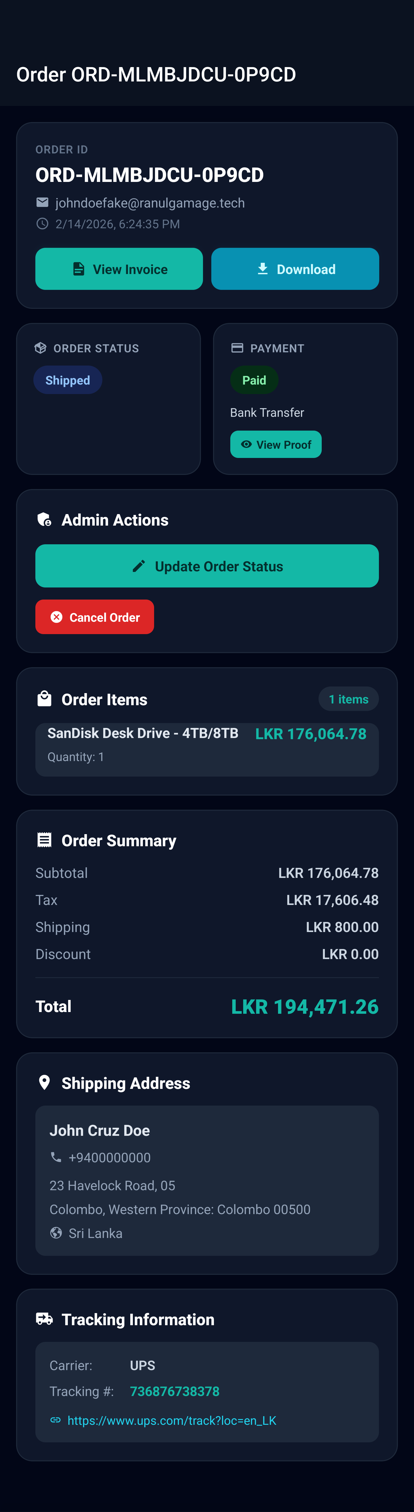 Complete order details including order ID, customer email, timestamp, invoice/download buttons, order status, payment info, order items, summary, shipping address, and tracking information