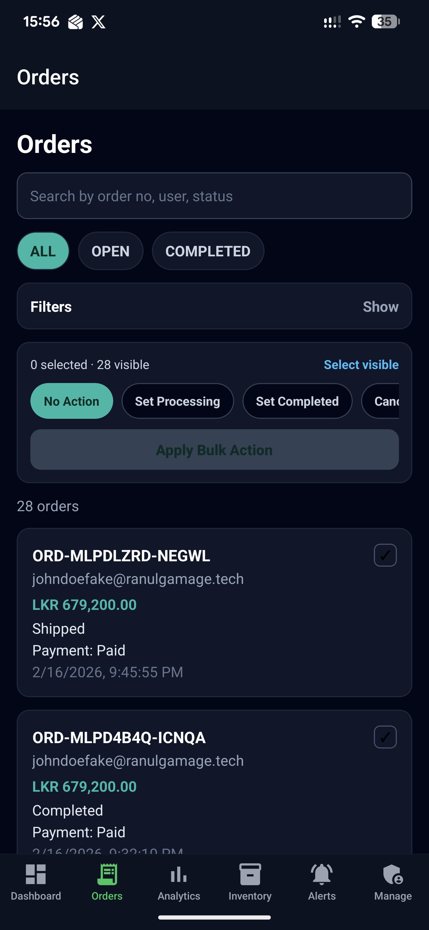 Order list view with search functionality, order IDs, status badges, and timestamps for efficient order tracking