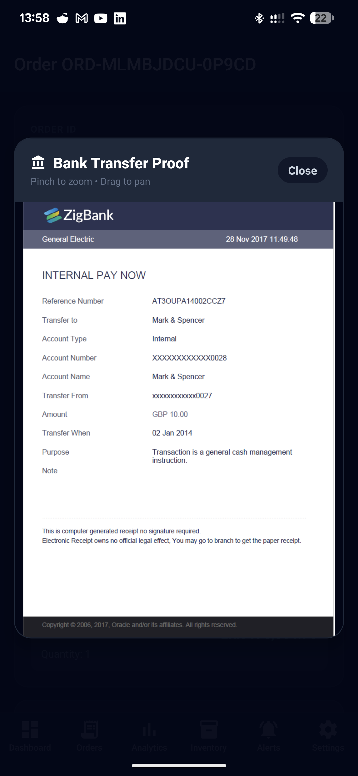 Bank transfer payment proof verification screen with image viewer for admins to review and approve customer payment uploads