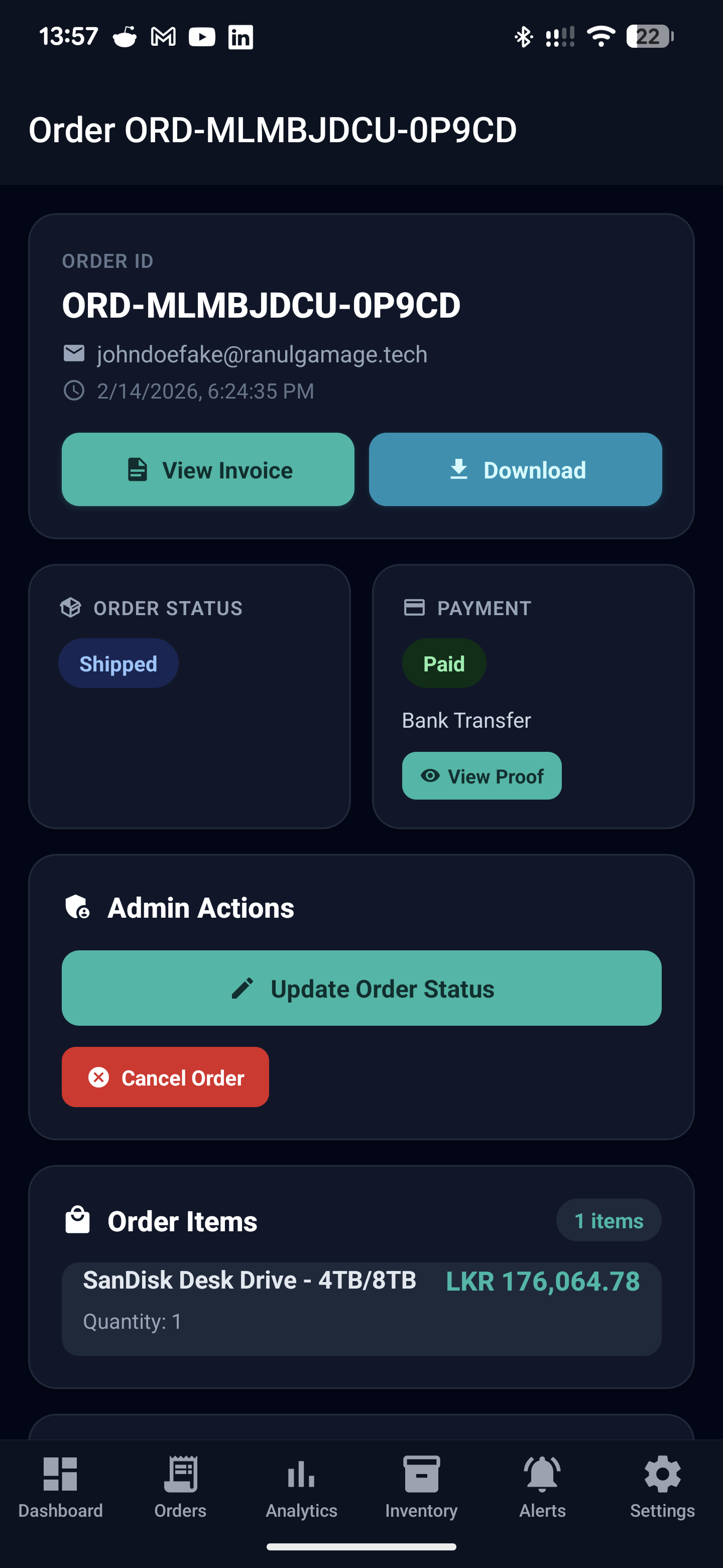 Detailed order view with admin actions (Update Order Status, Cancel Order), order items breakdown, and complete order summary