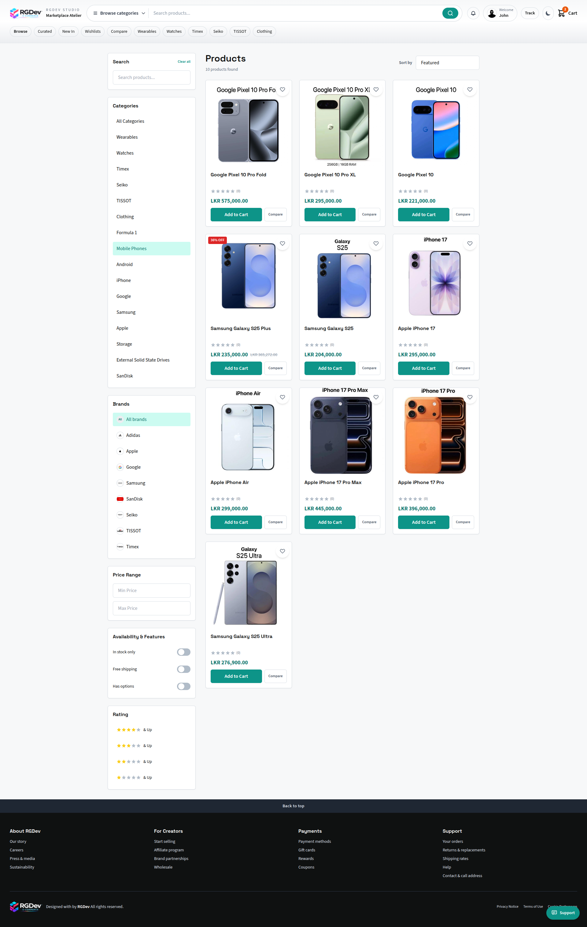 Product catalog with filtering, sorting, and search capabilities