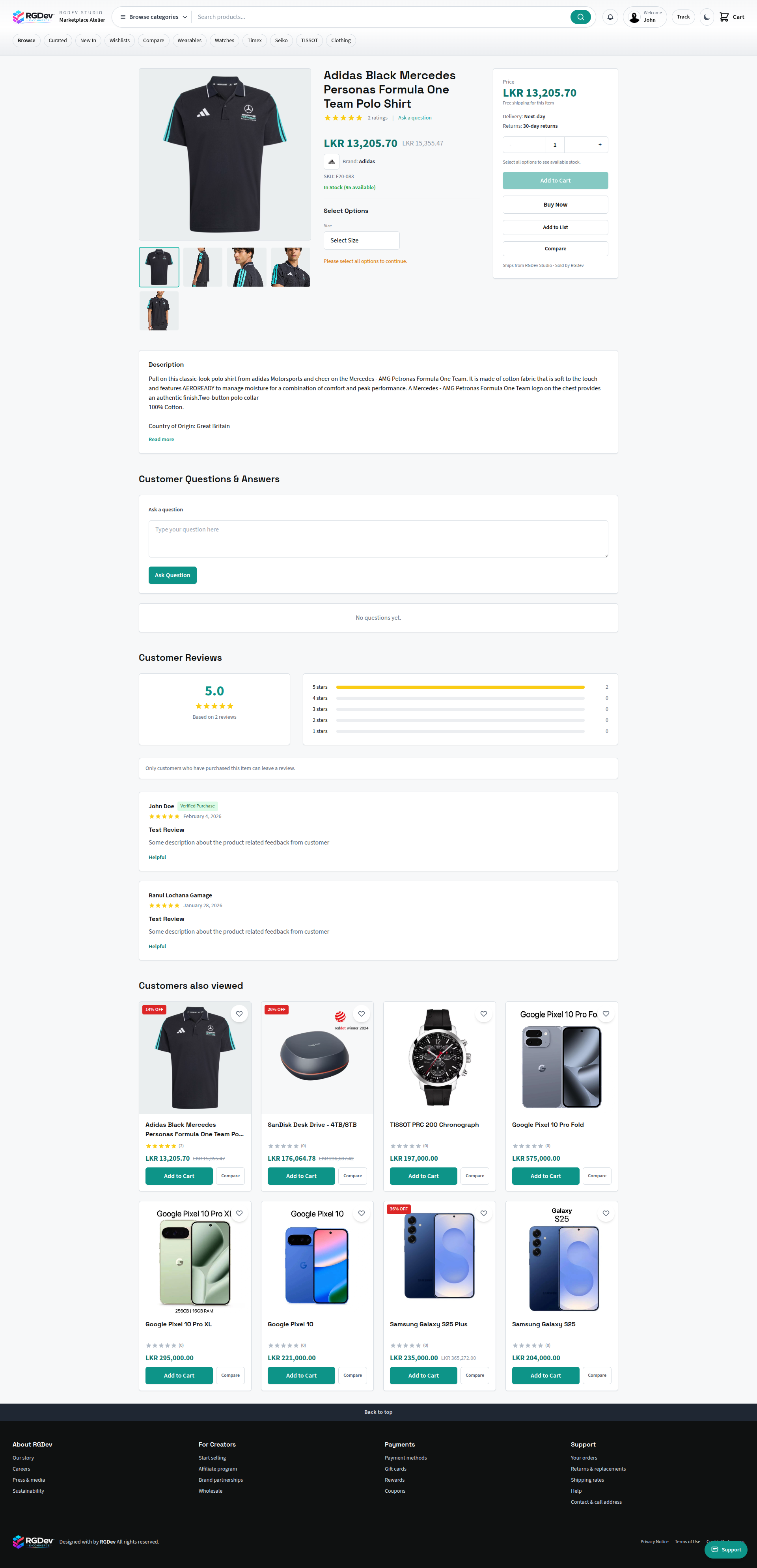 Product detail page with image gallery, reviews, and add to cart functionality