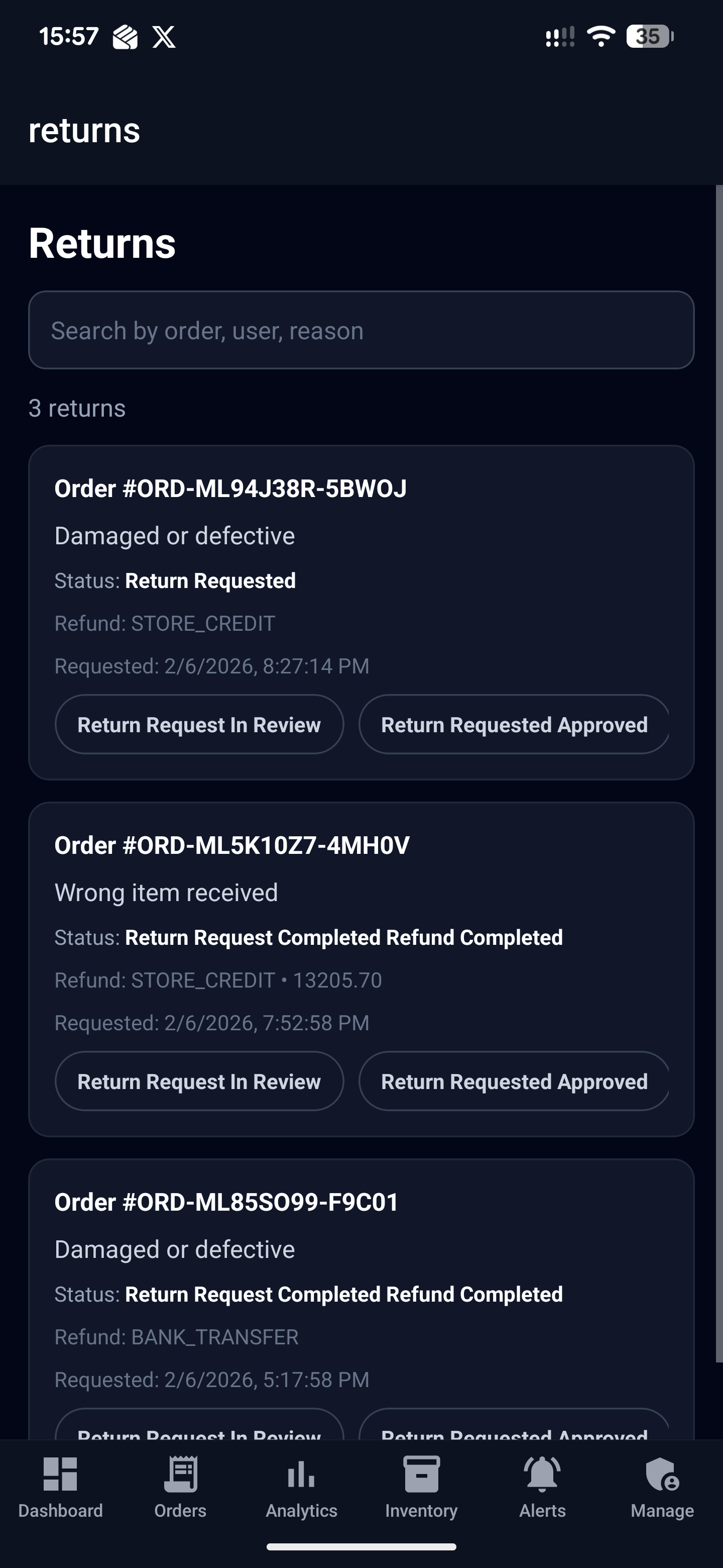 Returns management screen showing return requests with order IDs, reasons (Damaged/Defective, Wrong Item), status tracking (Return Requested, In Review, Approved, Completed), refund methods (Store Credit, Bank Transfer), and action buttons