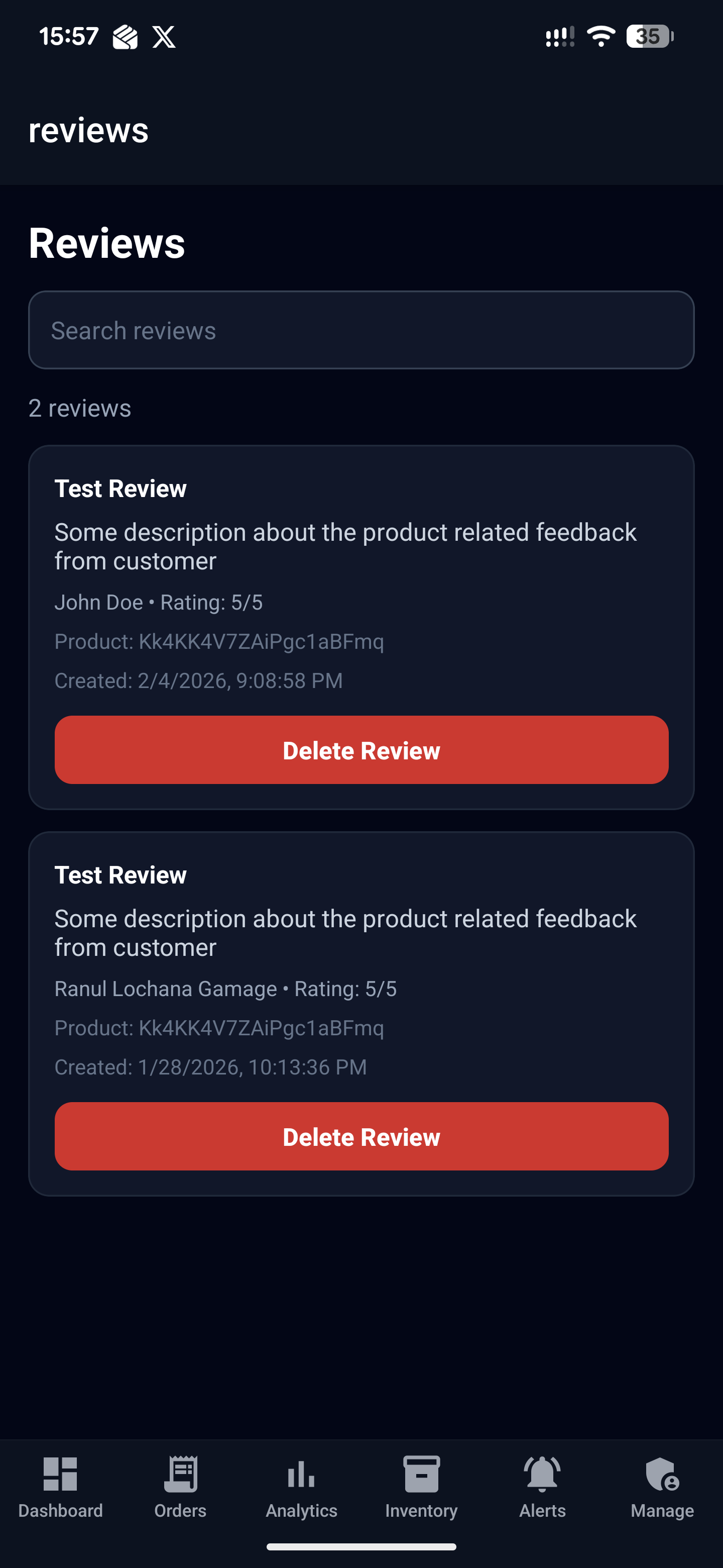 Customer review management interface displaying reviews with ratings (5/5 stars), customer names, product IDs, timestamps, and delete review functionality for content moderation