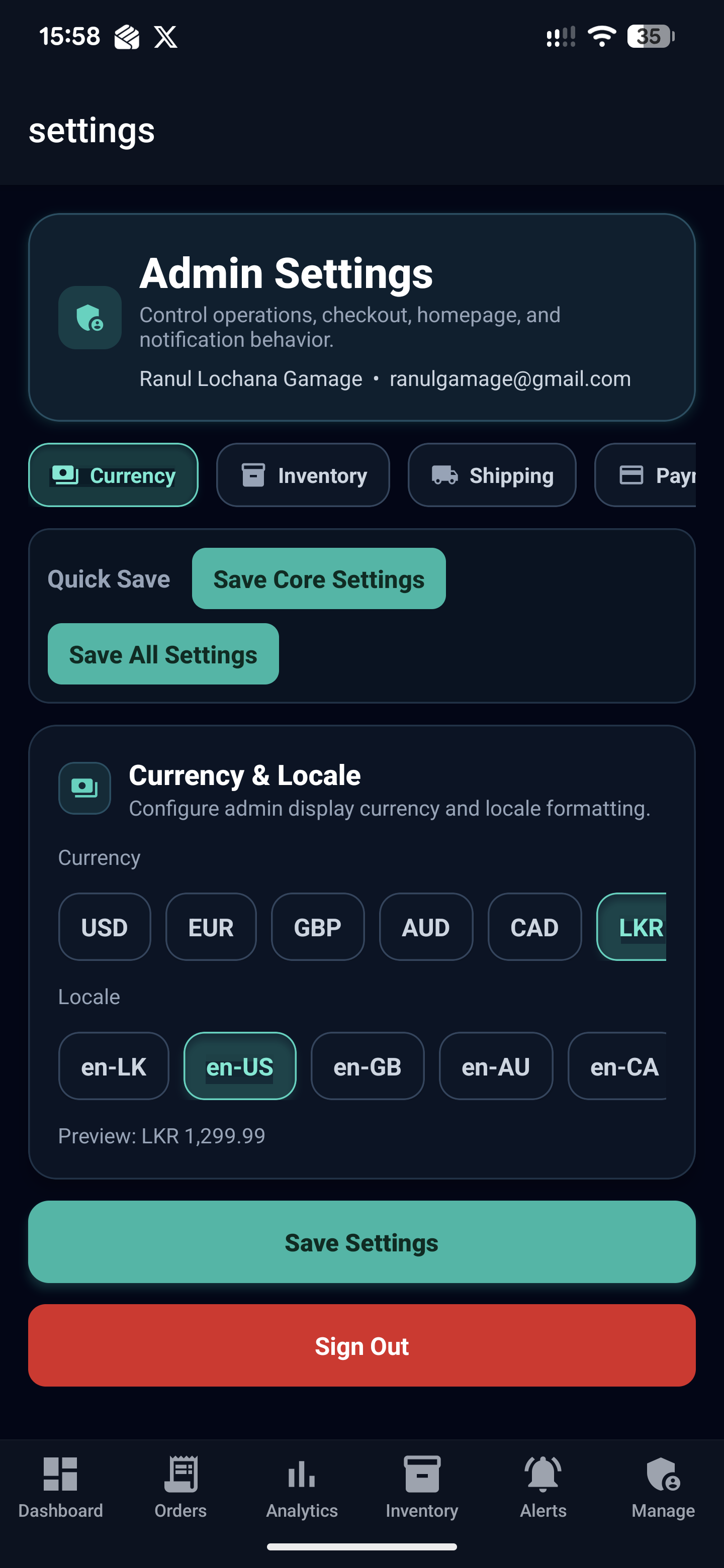 Comprehensive settings screen showing signed-in account (Linus Benedict Torvalds), registered devices with FCM tokens, device management (Ranul's Note10+ on Android platform), notification logs, device registration button, and sign-out option. Includes currency selection (USD, EUR, GBP, AUD, CAD, LKR) and locale formatting (en-LK, en-US, en-GB, en-AU, en-CA) with preview showing "LKR 1,299.99"