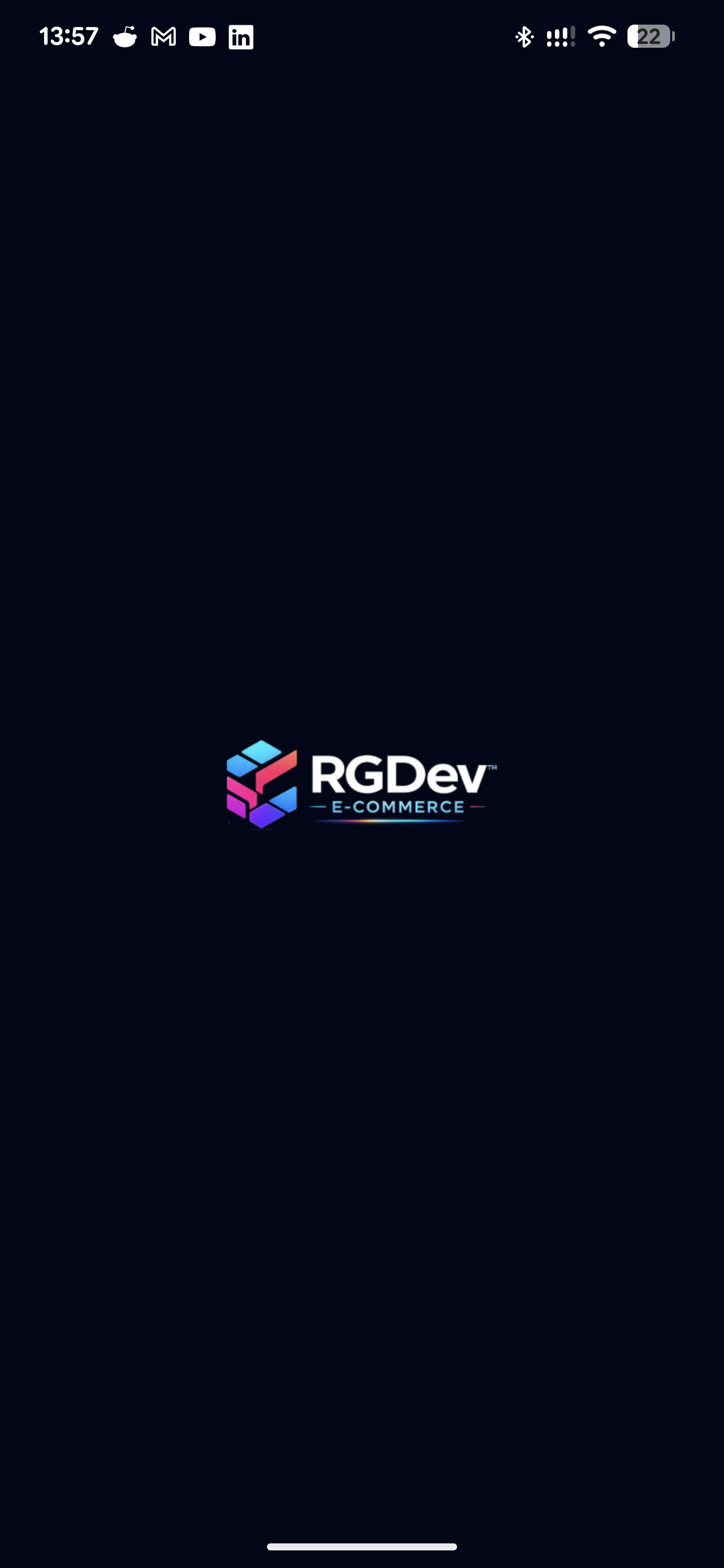 Mobile app splash screen with RGDev E-Commerce branding and loading animation