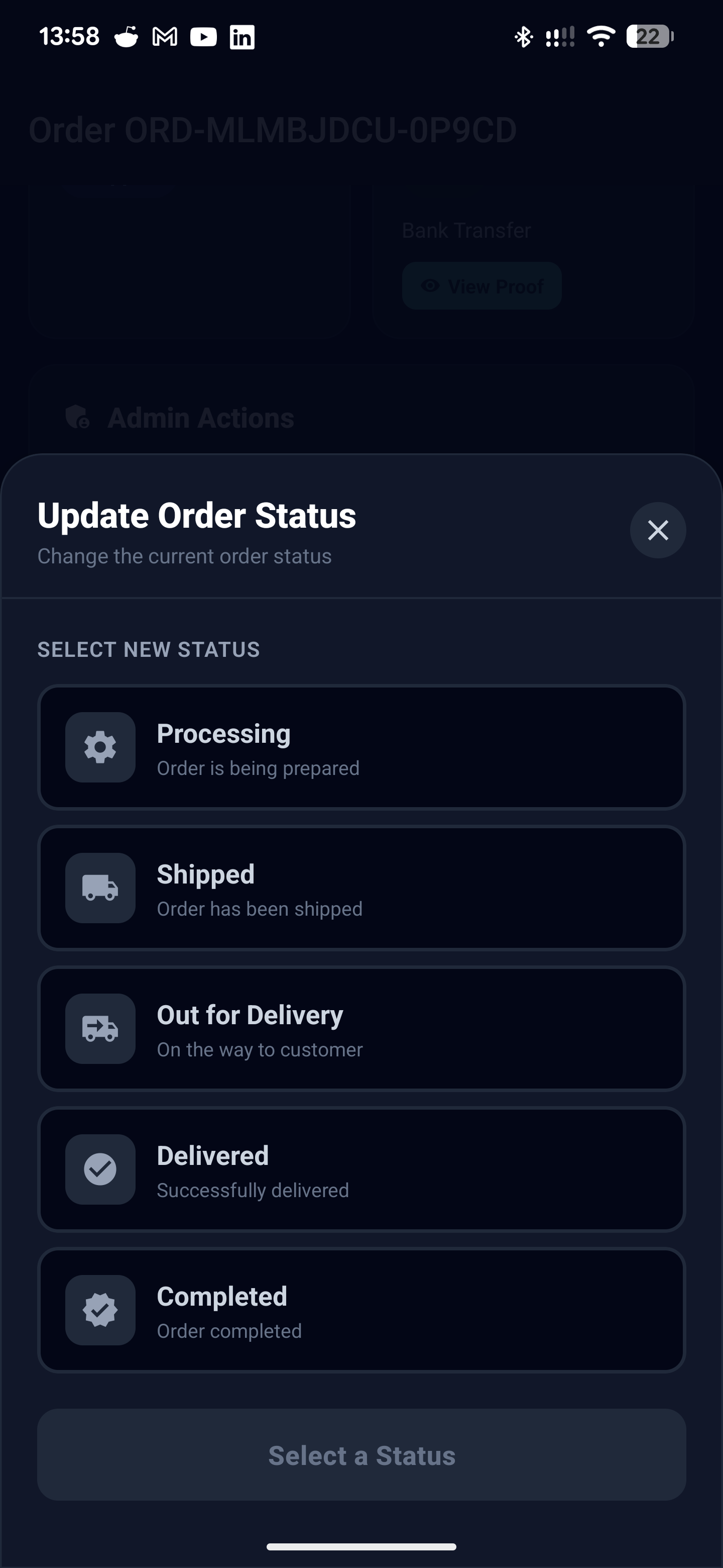Order status update modal with options: Processing, Shipped, Out for Delivery, Delivered, and Completed with descriptive text for each stage
